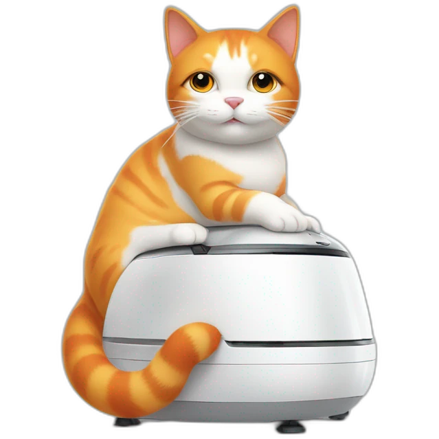 fat white and orange cat sitting on top of white robot vacuum emoji