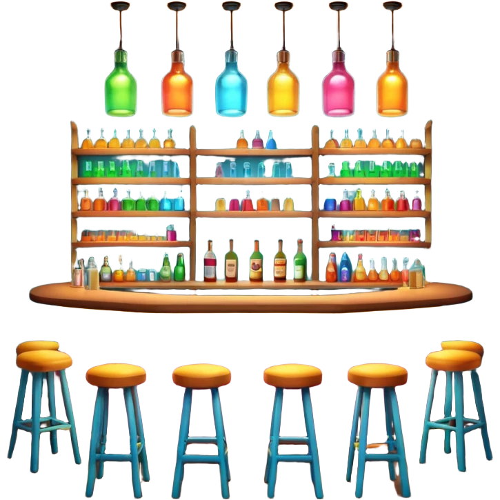 A 3D cartoon bar interior with a counter, glowing shelves of colorful bottles, tall stools, and hanging lights, warm ambient lighting, realistic reflections, Memoji-style. emoji