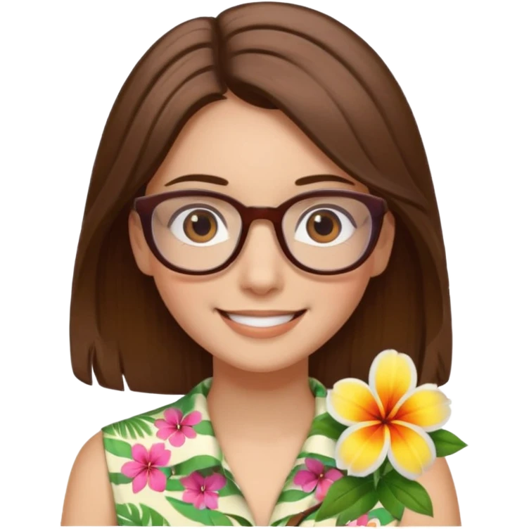Hawaii female with fair skin. Shoulder length straight brown hair. Brown eyes with glasses. Hawaiian Flower in hair emoji