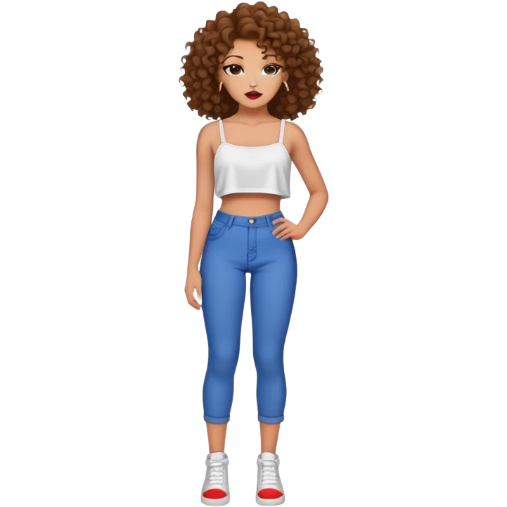 Full body teenage girl with curly brown hair, heavy makeup, big lips, crop top and choni style clothing emoji