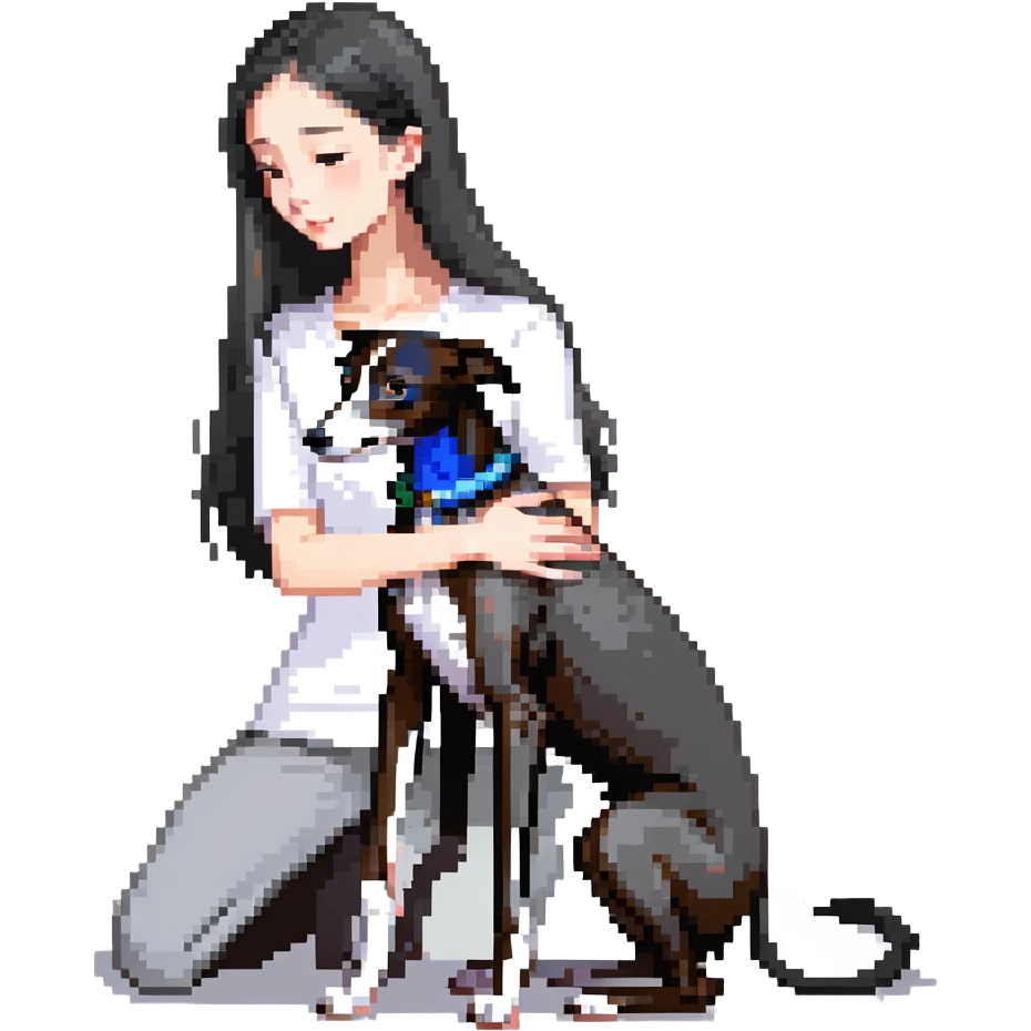 Slim Chinese girl with long black hair petting an Italian greyhound with completely uniform solid grey color throughout its entire body and face, with no white markings anywhere emoji
