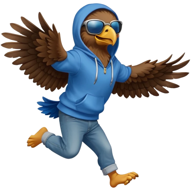 friendly anthropomorphised eagle with arms in a hoodie and jeans jumping and wearing sunglasses emoji