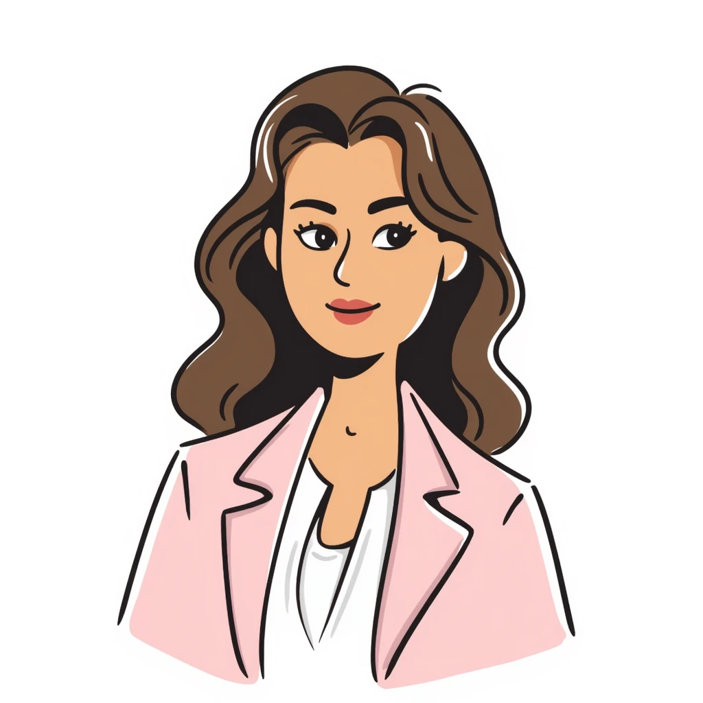A 30-year-old woman with tanned skin, light brown long wavy hair with curled ends, delicate face, almond-shaped eyes with smoky foxy eye makeup, brown eyes, wearing a light pink elegant blazer and white satin cowl neck blouse with thin straps emoji