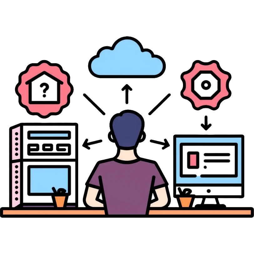 Senior IT Specialist with advanced workstation, multiple monitors, server, cloud icons, leadership symbols emoji