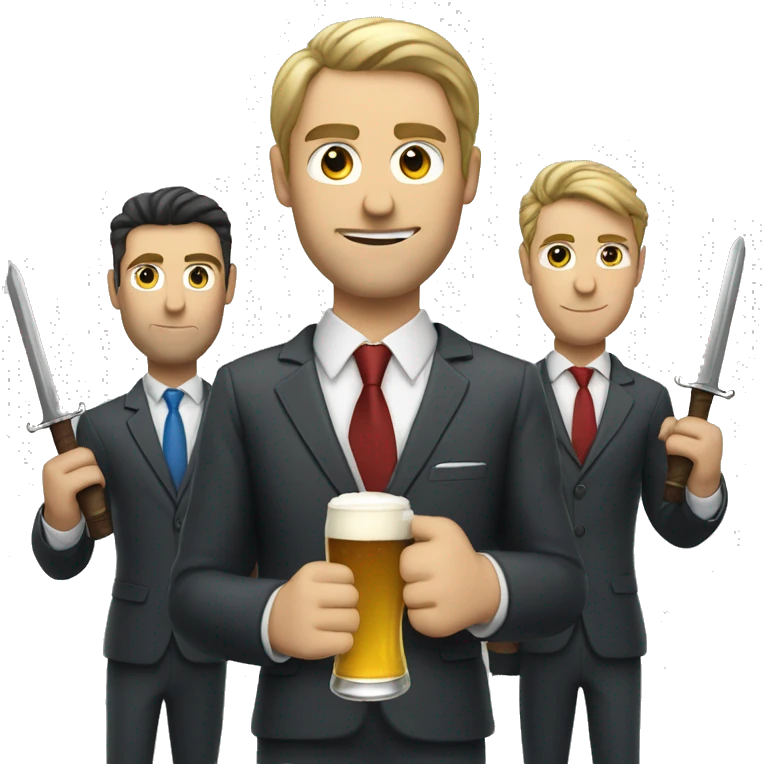 Three Caucasian men in suits with slick hair holding a beer and a sword emoji