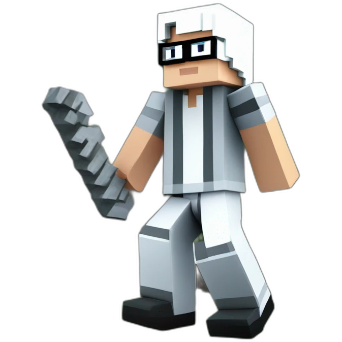 A minecraft character with white skin, white hair, thug life glasses, pale gray striped shirt, gray white pants and black shoes is digging a mountain in minecraft, the game land. emoji