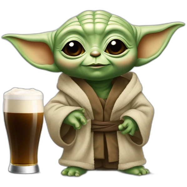 Bébé Yoda avec du café et de la bière en tenue de chambre qui danse sur elon mosk emoji