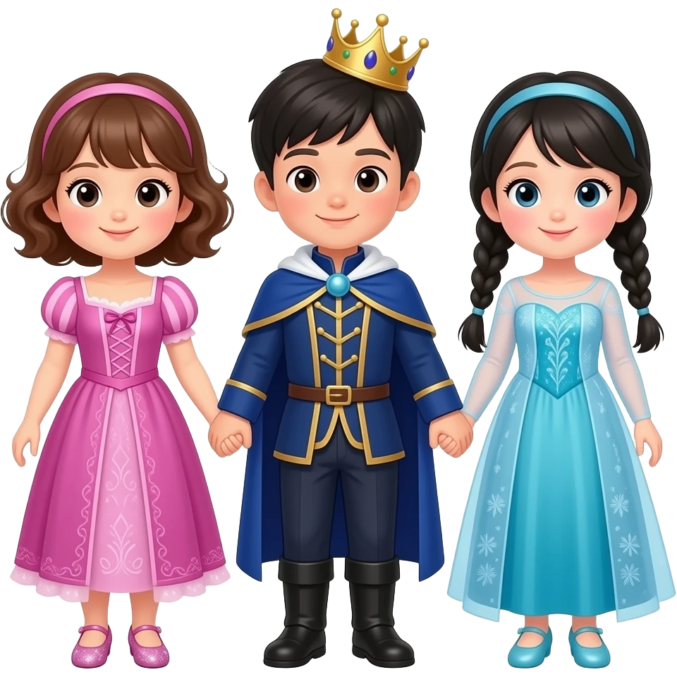 52개월 한국인 세쌍둥이 이모지를 만들어줘. 여아, 남아, 여아 순으로 배치해주고, 서로 손을 잡고 있게해줘. 아이들은 모두 한국인이야. 여자아이들은 공주 드레스를 입었어. 왼쪽 첫째 여아는 귀여운 퐁글한 갈색 곱슬머리 단발기장에 분홍색 라푼젤 드레스를 입었고, 반짝거리는 구두를 신었어.  가운데 남아는 중세 왕자가 입는 남색 멋진 정장을 입고 있어(망또와 왕관 없이). 오른쪽 여아는 엘사드레스를 입고, 머리는 검정색 양 갈래 꽈배기를 땋은 머리야(가슴까지 오는 기장). 엘사구두를 신고. 귀엽고 사랑스럽게 만들어줘. emoji