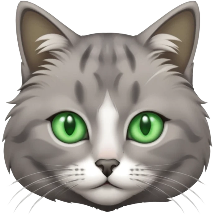 grey cat with green eyes and white stain below the blow emoji