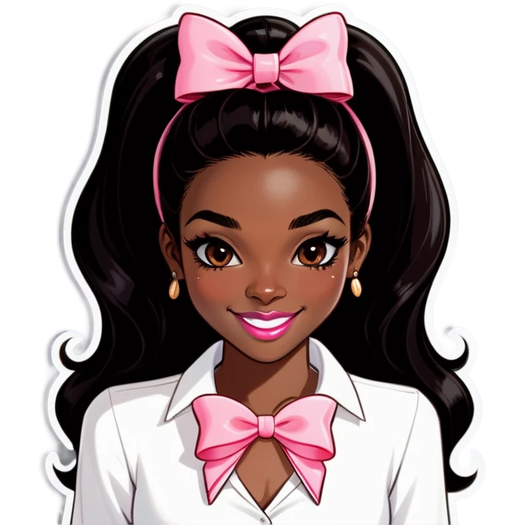 Darkskin girl with brown lip liner and light pink lips long black hair white shirt coquette bow in the front of her hair facing forward smiling good jewelry  emoji