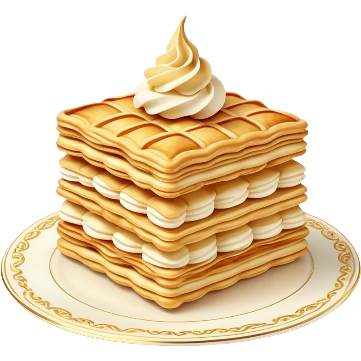Mille-feuille Cinematic Realistic Mille-Feuille Dessert Emoji, depicted as a delicate pastry composed of two crisp layers of puff pastry with a rich cream filling, rendered with intricate textures and elegant, soft lighting. emoji