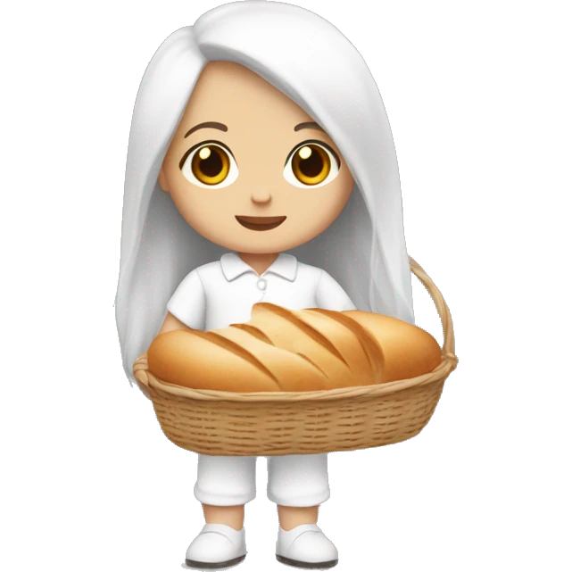 cute white doll, with jumpsuit, white shirt in it, long straight hair, holding a bread basket emoji