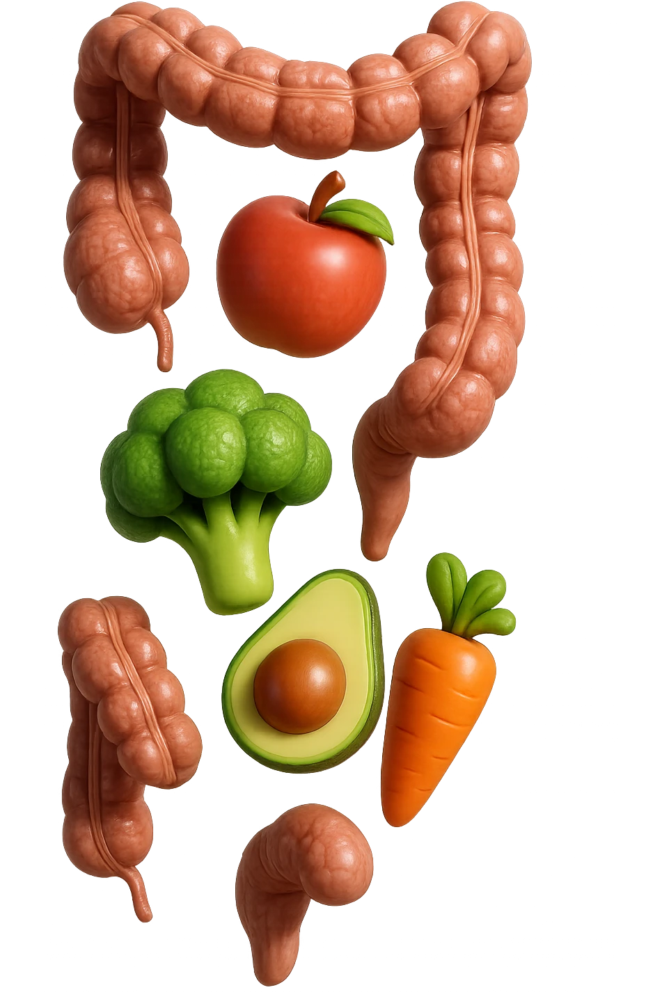 emoji stile iphone in 3d di cibo sano che fluttua in aria vericalmente insieme a pezzi di colon umano anatomico, iperrealistico 4k emoji