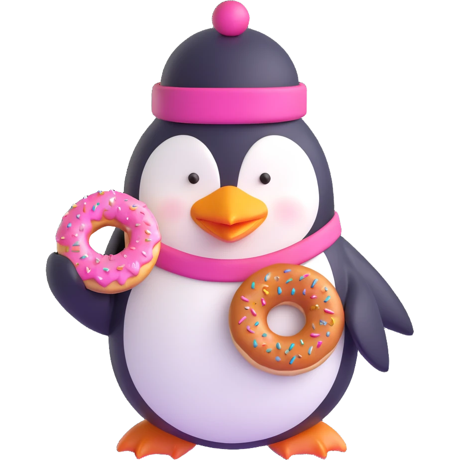 penguin with a cute hat and a donut in hand emoji