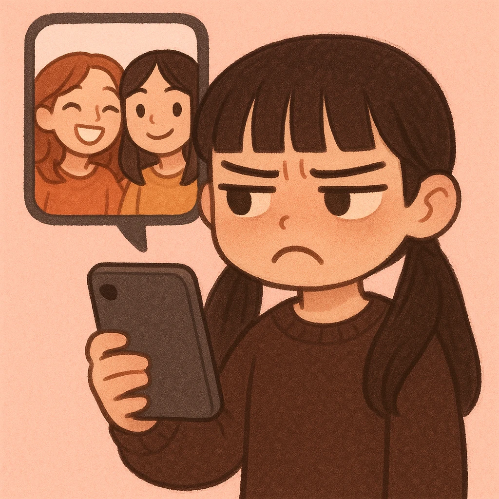 stylized illustration of a young girl with long dark hair in pigtails and blunt fringe, dark brown outfit, holding a phone with a jealous, annoyed face; enlarged phone screen shows two friends smiling in a selfie; minimal pink background; soft and cute cartoon style; focus on her emotional reaction emoji