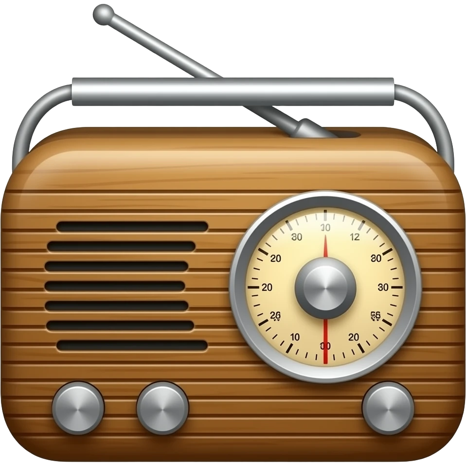 Detailed vintage radio emoji, small wooden or metal box radio with speaker grill, dial, and a short antenna, subtle glow on the dials, warm parchment‑style lighting, painterly shading, transparent background, square, no text. emoji