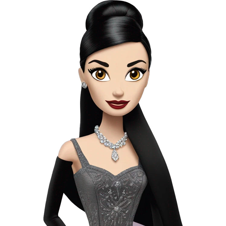 Audrey Hepburn as Sabrina Barbie.Morticia Addams. Show full body. Embroidered long black gown with accessories jewelry and gloves  emoji