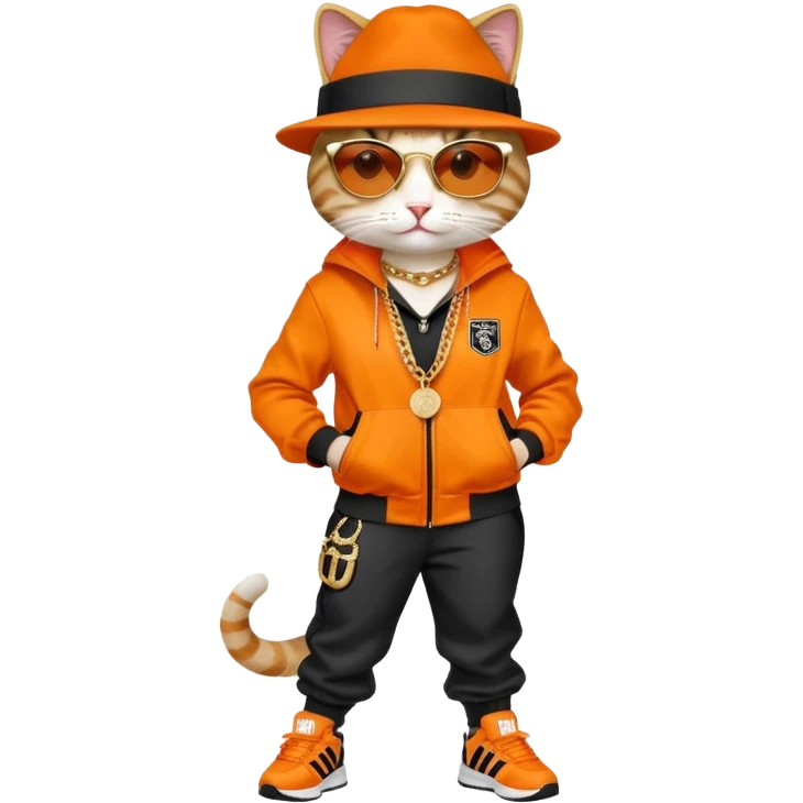 female cat wearing Run DMC hip-hop outfit with tracksuit, fedora, Adidas sneakers, dark sunglasses, many gold chains, upright pose emoji