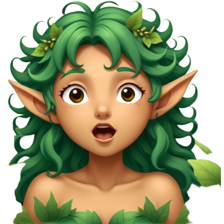 Cinematic Realistic Forest Nymph Fairy Portrait, head tilted slightly with a dramatic, wide-open yawn, revealing a tender, relaxed visage with finely detailed tanned skin and flowing, vine-adorned hair gently framing her face. Her sleepy eyes exude a serene, dreamlike quality as soft natural sunlight filters through the canopy, capturing the essence of a drowsy yet captivating forest nymph drifting into peaceful slumber. emoji