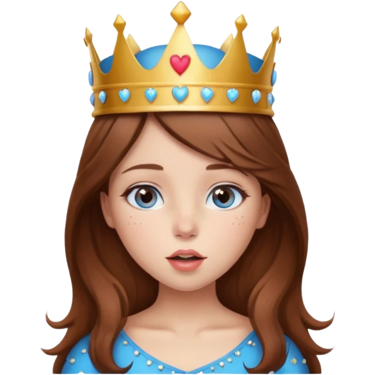 a girl with brown hair, blue eyes and freckles, who wears a crown and is blowing a heart kiss  emoji