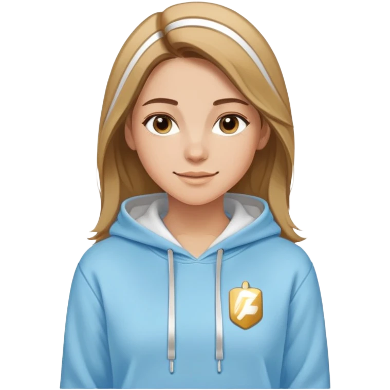 Woman with predominantly brown hair with blonde highlights, straight with side part, serene smile, dreamy eyes, wearing a light blue fantasy-sporty hoodie with golden and white details emoji