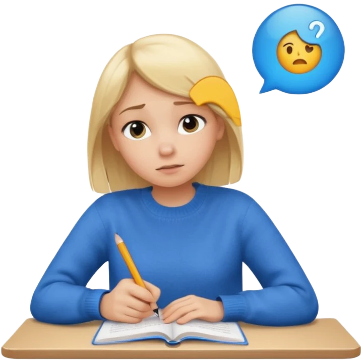 blonde girl in a blue sweater with a tired look studies lessons emoji ios 18.1 emoji