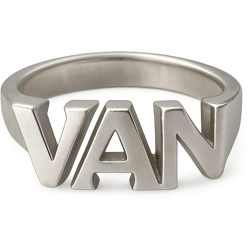 a silver ring featuring the letters V, A, and N emoji