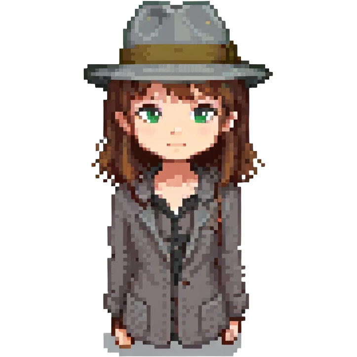 pixel art, girl with brown hair, grey fedora, facing forward emoji