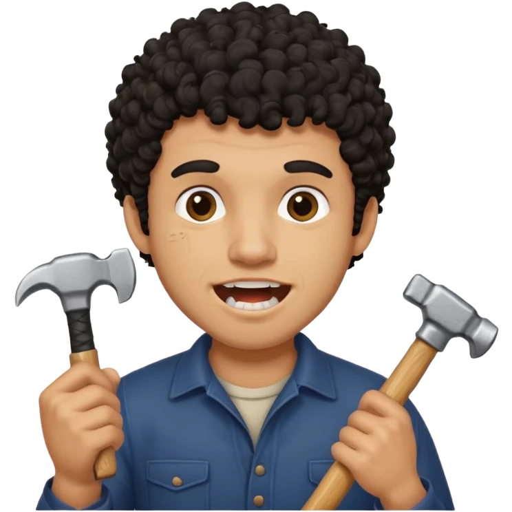 A black curly-haired man with a hammer on his right hand, his expression biting his teeth tightly emoji