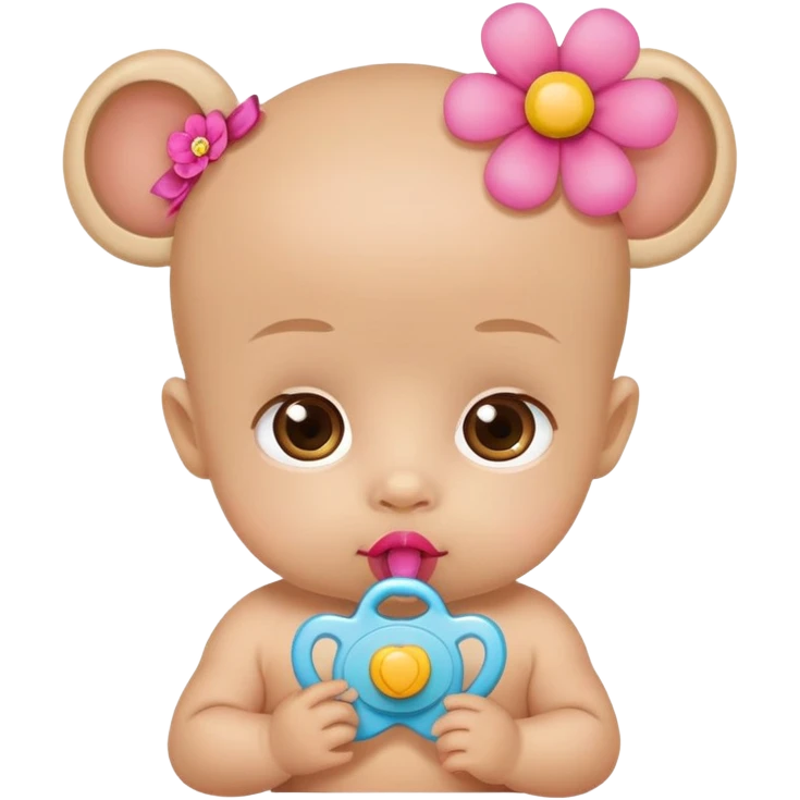 Light skin baby with big brown eyes with pacifier in mouth with flower bow emoji