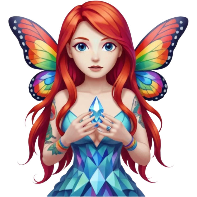 woman-long-red-hair-blue-eyes-white-skin-tattoos-big-breast-wearing-rainbow-crystal-shard-dress,-moths-orbiting,-flirty-contrapposto-pose emoji