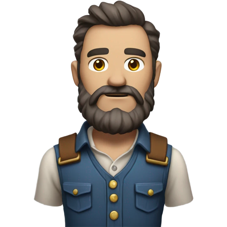 a rugged cowboy with a thick beard, wearing a blue vest over a classic western shirt and a brown belt with a silver buckle. He should have a confident stance, showing full torso emoji