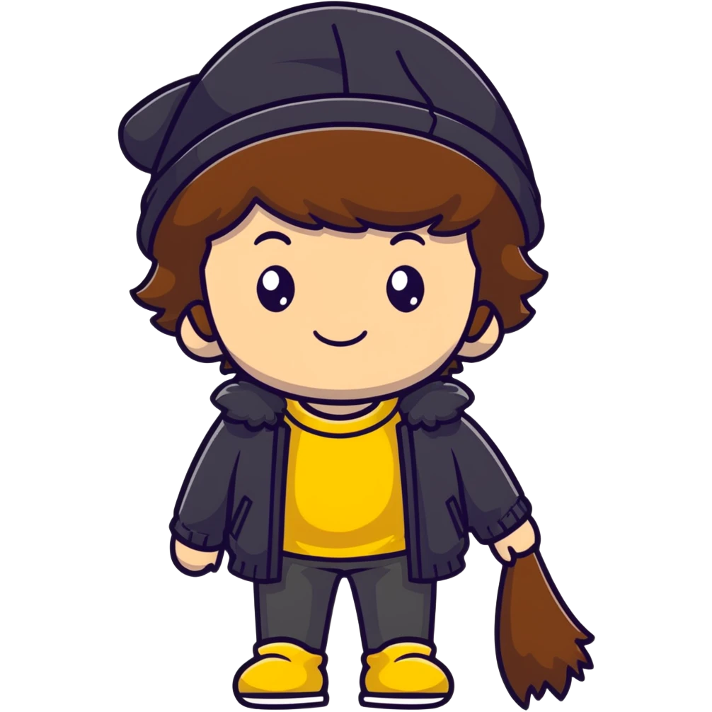cute boy with fluffy brown hair wearing a black hat with yellow decoration emoji
