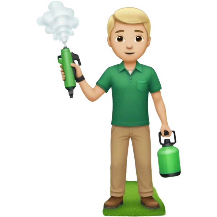 man blonde hair and no hat with a emerald green shirt and tan pants on carrying chemical sprayer and pointing it downwards to spray at bright green grass emoji