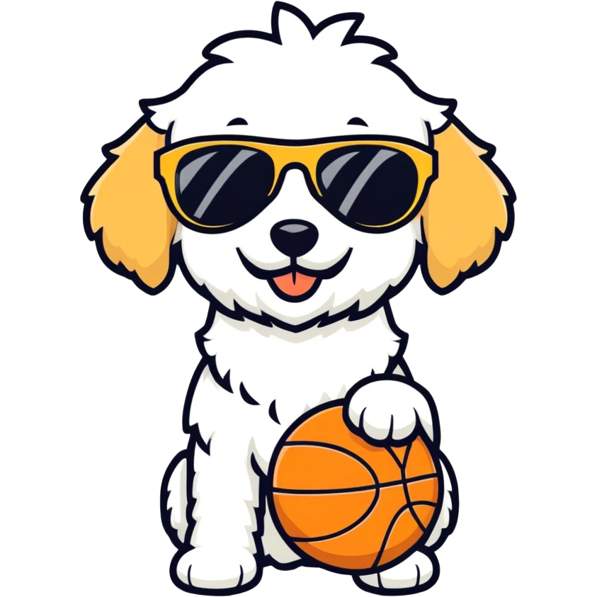 golden doodle wearing sunglasses with a basketball emoji