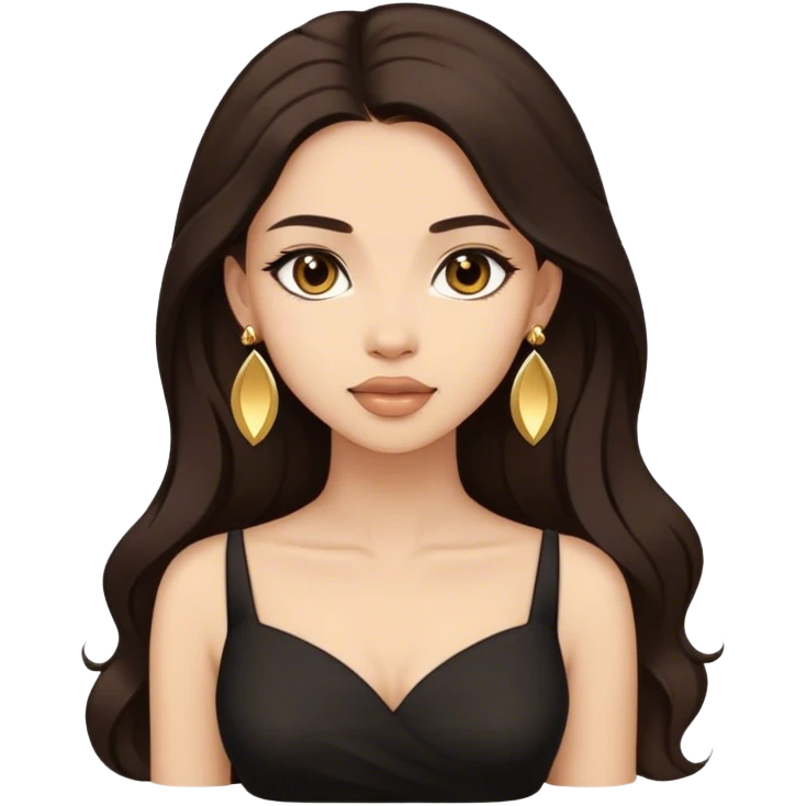 Beautiful woman,cute, long dark brown hair in dark dress with gold earrings emoji