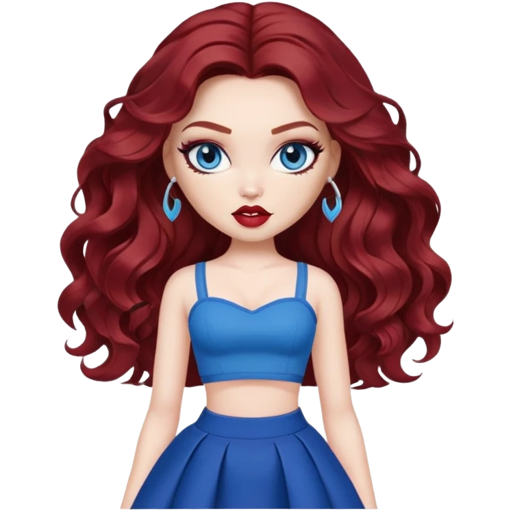 bratz pretty baddie, dark red wavy hair, pale skin, long hair, blue eyes, makeup emoji