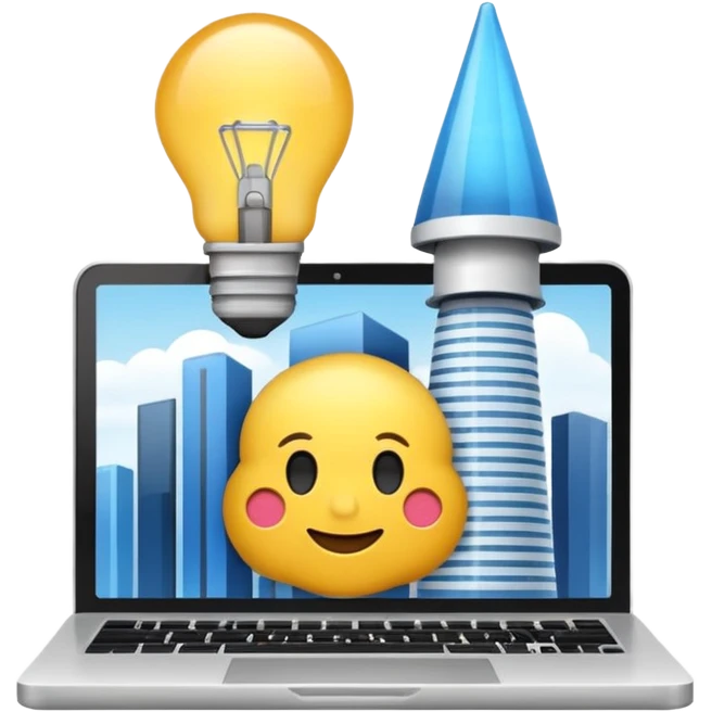 Emoji de una agencia creativa: edificio moderno pequeño con laptop y bombilla de ideas, estilo emoji minimalista, colores planos, líneas limpias, aspecto profesional y amigable, fondo transparente. emoji