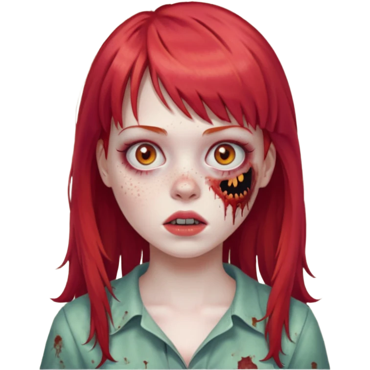 Uma menina de franja cheia, cabelos vermelho zumbi emoji