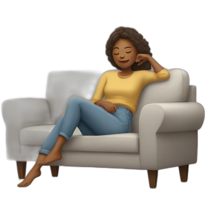Woman on couch in comfy clothes having a lazy Sunday emoji