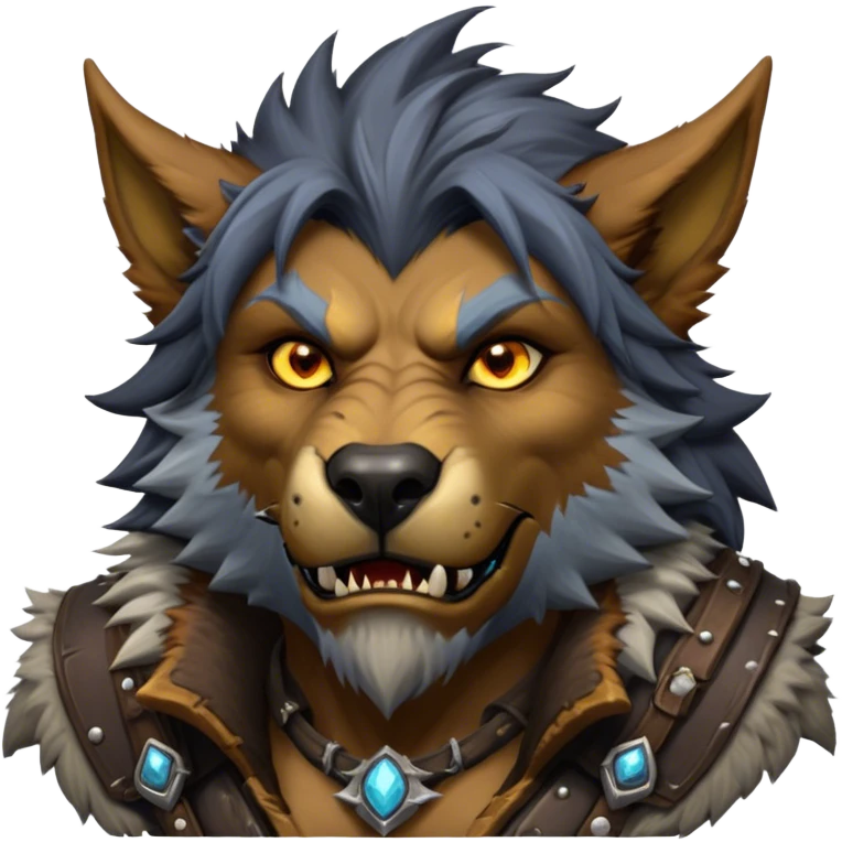 Cinematic Realistic WoW Worgen Portrait, head tilted epicly and inquisitively, showcasing the striking fusion of human intellect and beastly ferocity. His rugged fur and tanned skin, accented by piercing amber eyes and meticulously rendered worn leather garments, are bathed in dynamic lighting, high shine, epic and awe-inspiring, capturing the relentless spirit of a worgen at the apex of his power. emoji