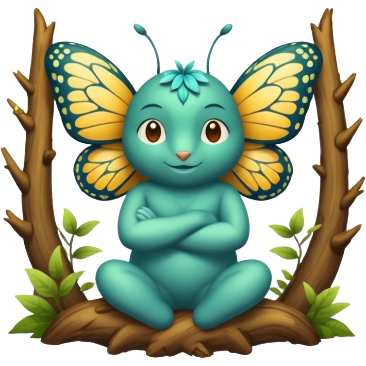 forest spirit character arms crossed confident smirk butterflies around emoji
