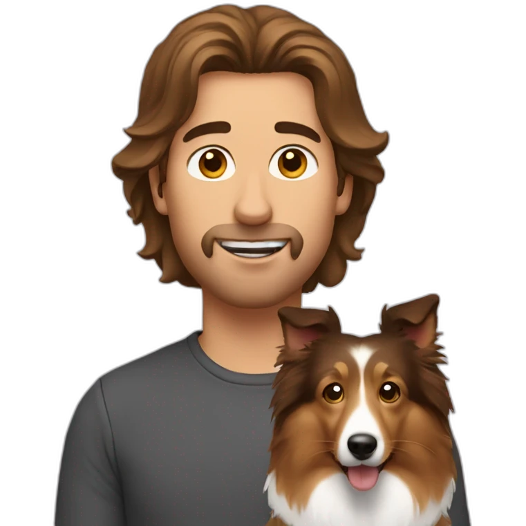 a man with brown hair and a sheltie emoji