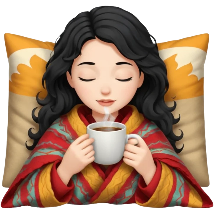 girl black hair wavy inside a blanket sipping coffee eyes closed emoji