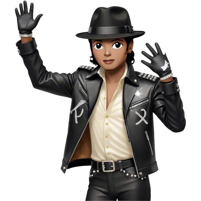 Icon for R&B Music: Michael Jackson in full growth in his black fedora, sparkling glove, and leather jacket, striking his famous final pose after performing, with one arm raised and head tilted back. Musical notes surround him, symbolizing the essence of R&B. Transparent background. emoji