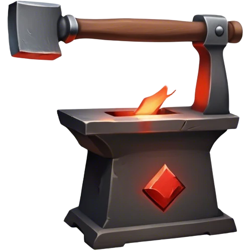 Blacksmithing icon, piece of metal being hammered on an anvil, blacksmith's hammer, sparks flying, glowing red metal, forge in the background, minimalistic style, clean lines, transparent background. emoji
