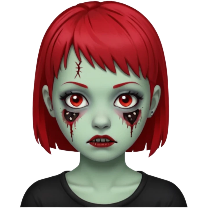 White girl, zombie, micro bangs, short hair, black and red hair, bridge piercing emoji