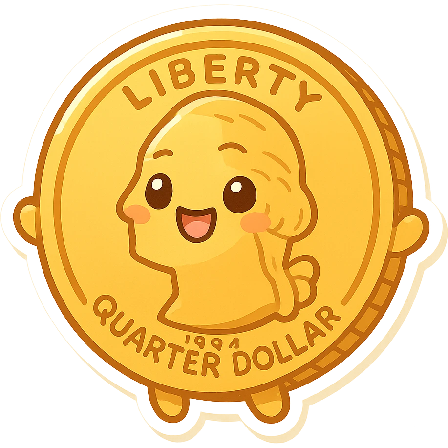 a gold coin with a quarter design, cartoon style, bright gold color, playful look emoji