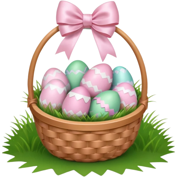 white basket full of light pink easter eggs on grass with a light pink bow emoji