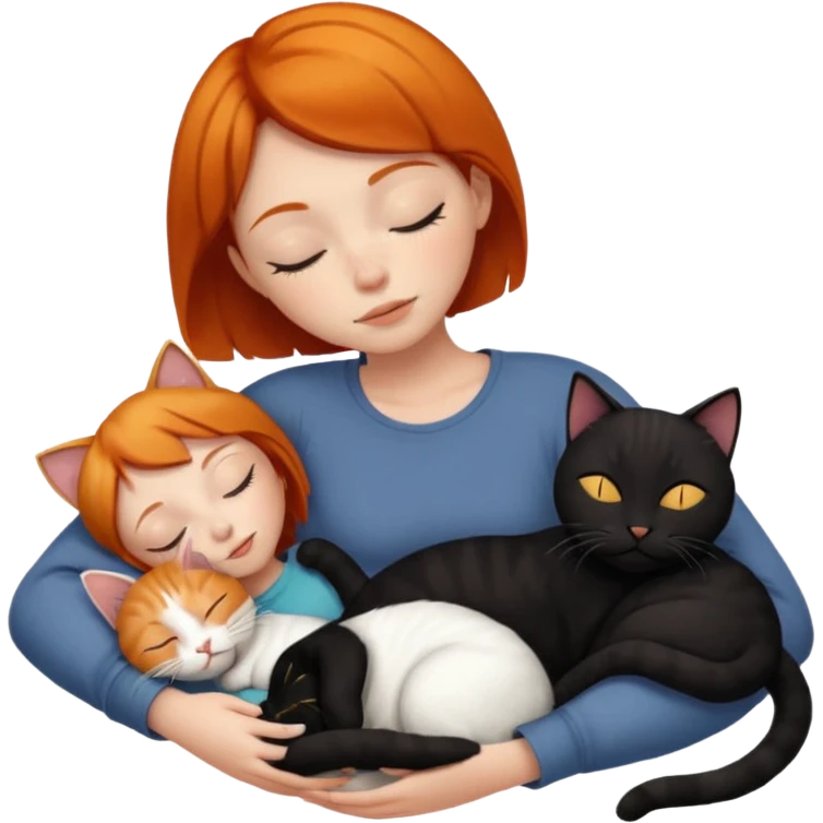 Ginger Girl short hair sleeping with two cats a black and a whole white bigger cat  emoji